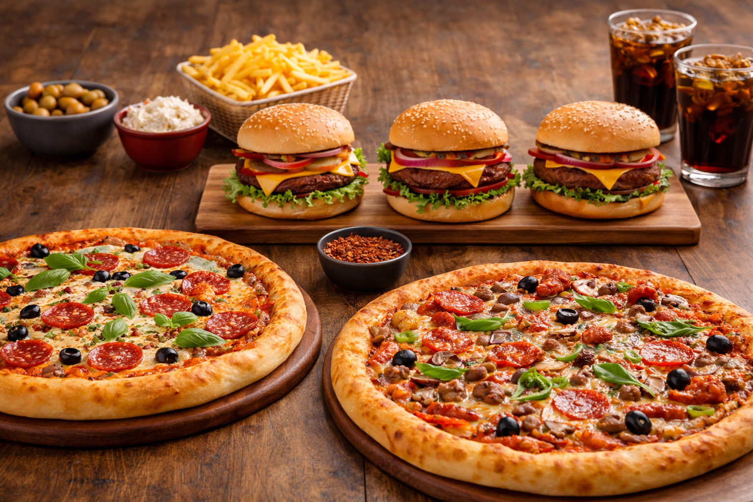 burgers and pizza